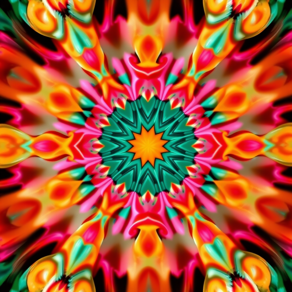 Generate a vibrant kaleidoscopic pattern featuring bright colors such as teal, pink, and orange, with floral shapes and smooth curves, using a macro lens with f/4 aperture, ISO 100, and a shutter speed of 1/200 sec, captured from a top-down perspective using a DSLR camera.