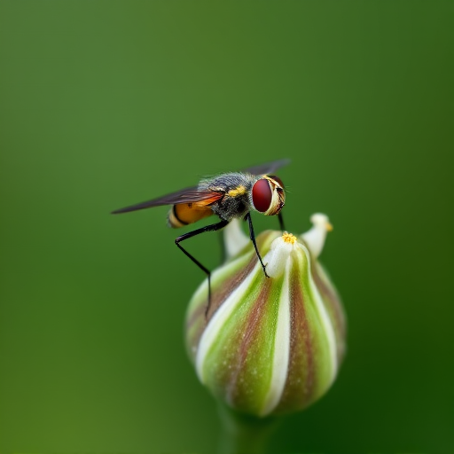 macro photography of a fly on a flower bud with a blurred green background, settings: aperture f/8, shutter speed 1/200s, ISO 100, lens 100mm macro, focal length 100mm, camera type DSLR, focus stacked for enhanced detail