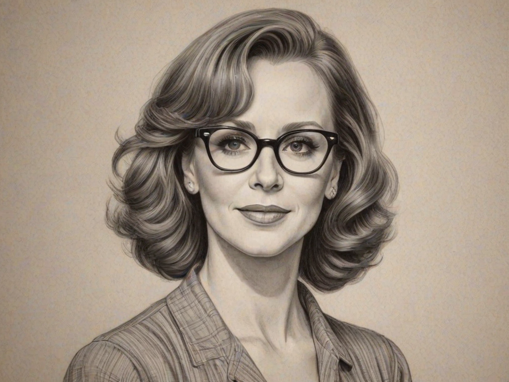 Ravishing Reba McEntire, pencil sketch, portrait of Pleasing woman 1937s in glasses, hair style beatnik, outline, clear lines, fine lines, 8k
