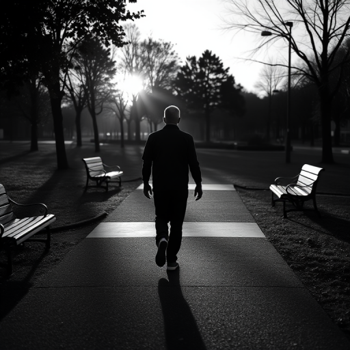 Create a high-contrast black and white image of a man walking through a park at sunset, with long shadows cast by benches and trees, captured with a Canon EOS R5, 50mm lens, f/1.8 aperture, ISO 100, 1/200 sec shutter speed, using a shallow depth of field to enhance background blur, and a slight vignette for dramatic effect.