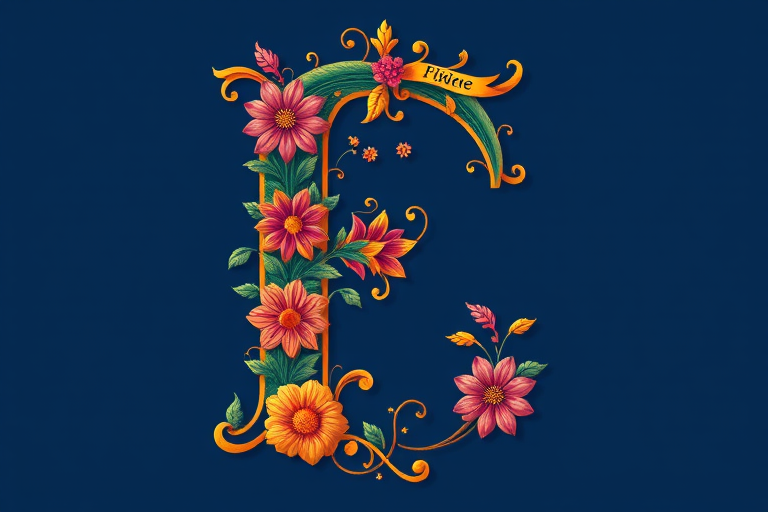 Create an ornate letter "F" with intricate floral designs in vibrant colors on a deep blue background, captured with a DSLR camera at f/2.8 aperture, 50mm lens, and a shallow depth of field.
