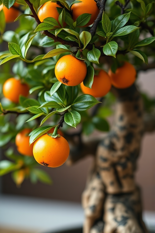 Generate a high-resolution image of a bonsai tree with bright orange fruit, showcasing detailed green leaves and textured bark, captured with a Canon EOS R5 camera, 85mm lens, f/1.8 aperture, ISO 100, soft lighting, and a shallow depth of field to create a smooth bokeh background.