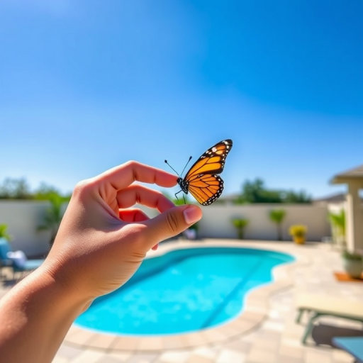 Generate an image of a hand gently holding a butterfly against a clear blue sky. The setting includes a sunny backyard with a swimming pool in the background. The focus is on the butterfly and the hand, capturing a moment of connection with nature.