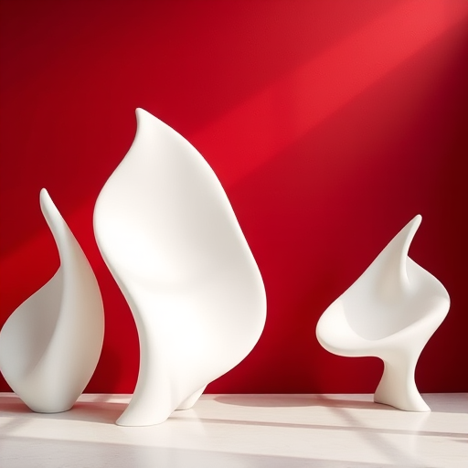 Create a high-resolution image of an abstract interior scene with smooth, flowing white sculptures against a deep red wall, using a Canon EOS R5 with a 24-70mm lens, f/8 aperture, ISO 100, and a 1/125 shutter speed, shot in a wide-angle perspective for depth.
