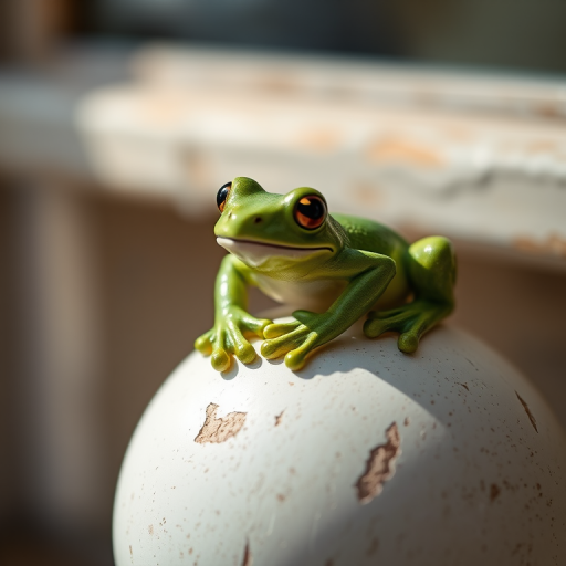 A detailed close-up of a green frog figurine sitting on a weathered white orb, natural light, shallow depth of field, 50mm lens, f/2.8, ISO 100, 1/200s, camera positioned at eye level to emphasize texture and color contrast.