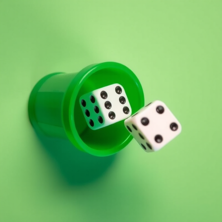 Create an image of a green dice cup with two white dice rolling out, shot with a 50mm lens, f/2.8 aperture, ISO 100, in a top-down view, using a DSLR camera for high resolution and clarity.