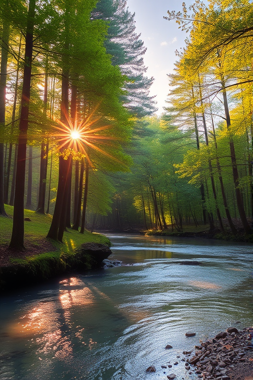 Create an image of a serene, sunlit forest scene with a clear, gently flowing river. Tall trees with lush green foliage line both sides of the river, their leaves bathed in the warm golden light of the setting or rising sun. The sunlight filters through the trees, casting soft, dappled light on the river, which flows over smooth rocks and pebbles, creating a peaceful, natural atmosphere. The sky is bright with a few scattered clouds, and the overall mood is tranquil, evoking a deep sense of connection with nature. The image captures the beauty of a calm, pristine forest landscape at either dawn or dusk.