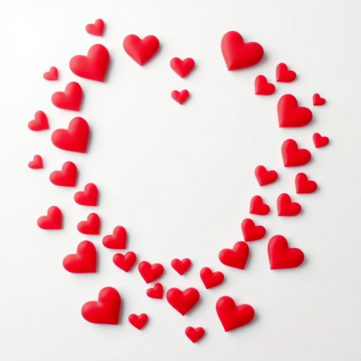 create an image of a large heart made up of smaller red hearts on a white background, use a Canon EOS 5D Mark IV with a 50mm lens, aperture f/2.8, ISO 100, and shot in natural light, high resolution, top-down view, minimalist style