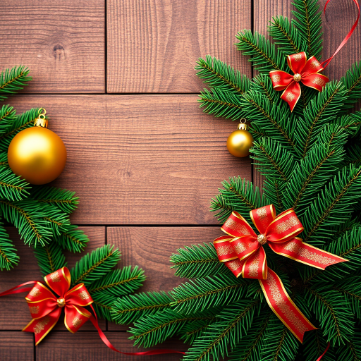 Create a vibrant holiday-themed image featuring a wooden background adorned with green pine branches, golden ornaments, and festive bows, using a DSLR camera with a 50mm lens, ISO 100, f/2.8 aperture, and a shallow depth of field to enhance detail and focus on the decorations.