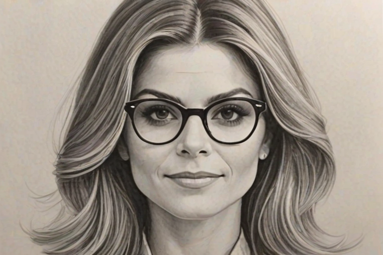 Superb Maria Menounos, pencil sketch, portrait of Radiant woman 1970s in glasses, hair style beatnik, outline, clear lines, fine lines, 8k