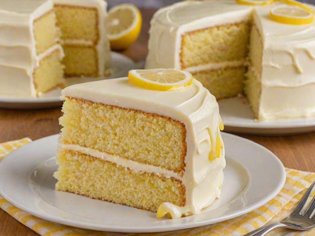 Create an image of a slice of lemon cake with a creamy lemon frosting. The cake should have two layers, showcasing a moist, fluffy texture. The slice is presented on a white plate, with a light yellow checkered background. Add a few lemon slices or zest on top for decoration.