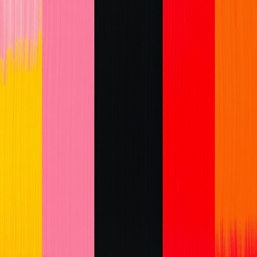 Create an abstract image with vertical stripes in vibrant colors like pink, yellow, black, and red, captured using a DSLR camera with a 50mm lens, aperture f/2.8, ISO 200, 1/60s shutter speed, in natural lighting for enhanced color saturation and clarity.