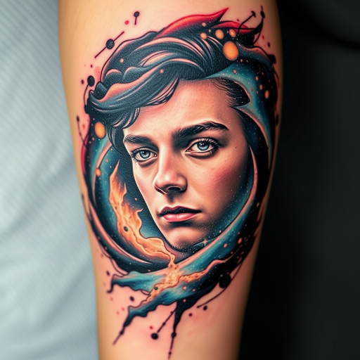 Photorealistic portrait tattoo featuring a loved one's face emerging from a swirling galaxy, incorporating elements of double exposure and surrealism for a breathtaking memorial piece