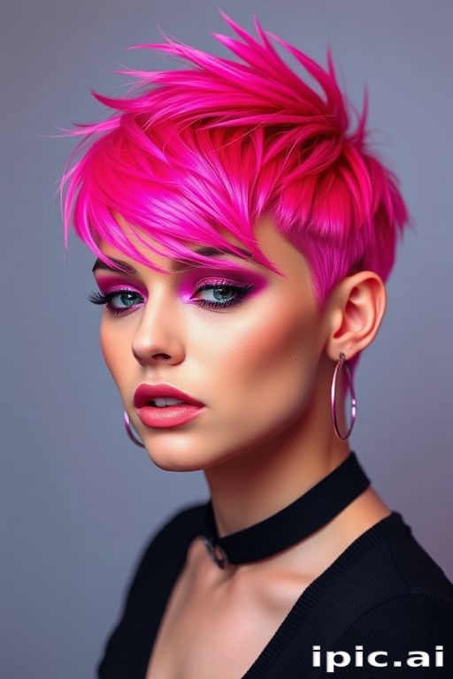 Vibrant magenta pixie cut named Neon Blaze featuring shimmering holographic highlights and edgy asymmetrical layers creating a futuristic and rebellious look perfect for avant-garde fashion enthusiasts