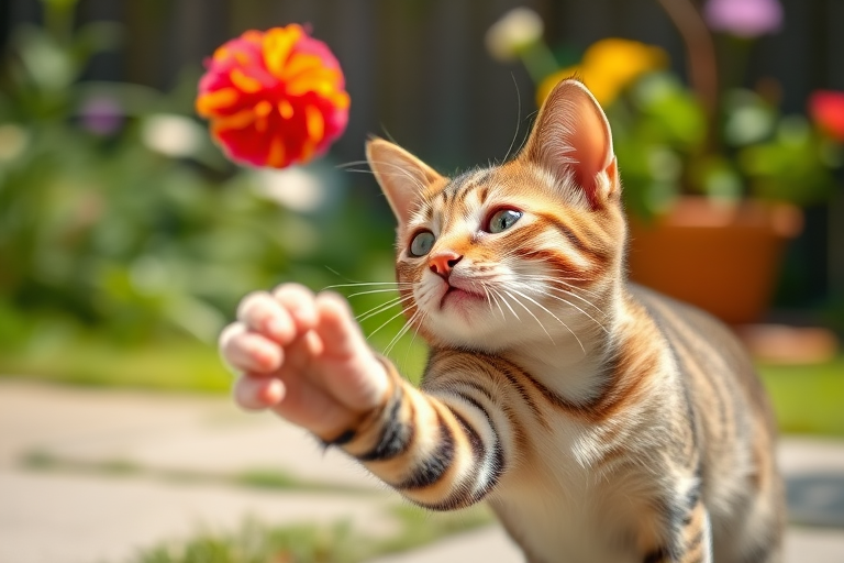 A playful tabby cat reaching for a colorful pom-pom toy in a sunny garden setting, captured with a DSLR camera, 50mm lens, f/1.8 aperture, ISO 100, natural light, shallow depth of field to blur the background and enhance focus on the cat's expression.