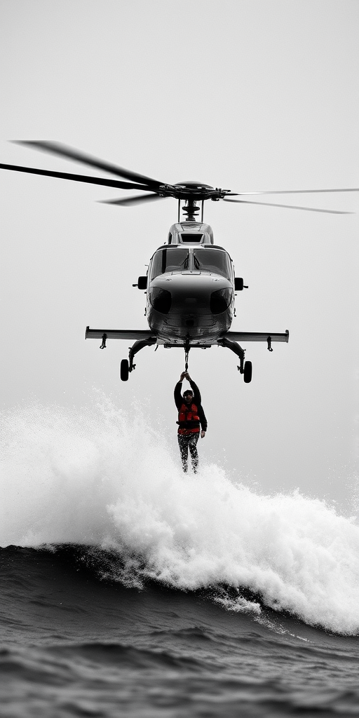 Create a dramatic black and white image of a rescue scene with a helicopter hovering above a person being lifted from the ocean, use a wide-angle lens with a shallow depth of field, set aperture to f/2.8, ISO 400, and shutter speed 1/1000s, capturing the intensity of the moment with high contrast and sharp details.