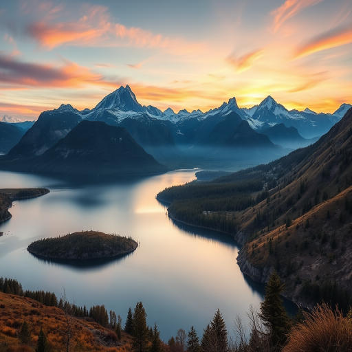 Generate a high-resolution image of a serene landscape featuring mountains and a lake during sunset, use a Canon EOS R5, 24mm lens, f/11 aperture, ISO 200, 1/125 sec exposure, wide-angle view, and enhance clarity and color vibrancy.