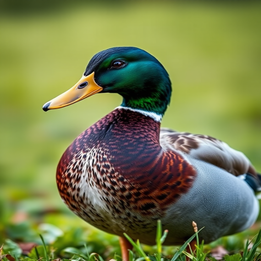 A close-up shot of a mallard duck standing on grass with a blurred background, shot with a Canon EOS 5D Mark IV, 50mm lens, aperture f/2.8, ISO 100, natural lighting to enhance detail and color vibrancy.