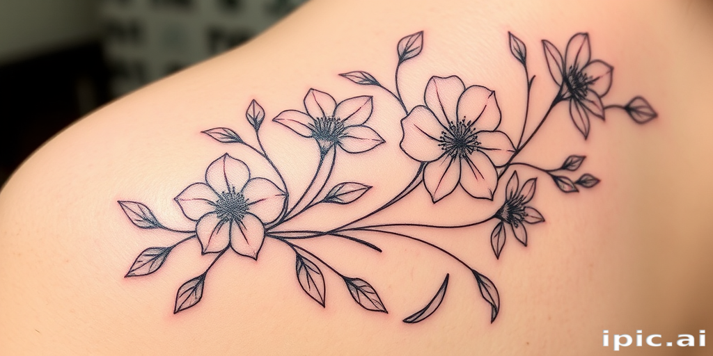 Fine line tattoo called "Delicate Botanicals" showcasing exquisitely detailed flowers and leaves with whisper-thin lines, creating a soft and feminine aesthetic