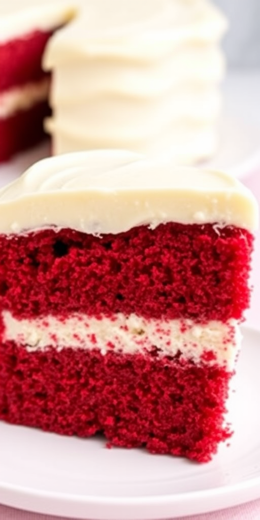 A slice of red velvet cake with cream cheese frosting on a white plate showing layers of red cake and white frosting in a bright and inviting setting with a whole cake in the background.