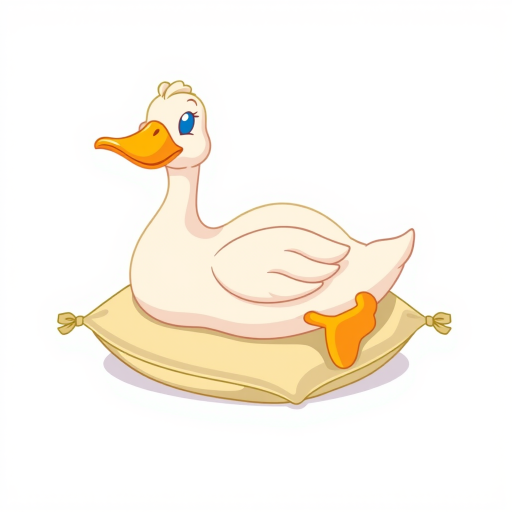 A cartoon duck lying on its back on a pillow with a simple, clean white background