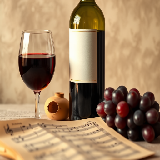 still life of a wine bottle with a blank label next to a glass of red wine and grapes, vintage sheet music in the foreground, soft warm lighting, shallow depth of field, aperture f/2.8, ISO 100, focal length 50mm, DSLR camera, natural light photography, textured background