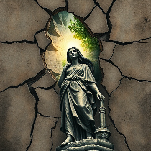 Realistic broken stone statue tattoo revealing inner light or nature, symbolizing rebirth and inner beauty, with intricate cracks and weathering effects