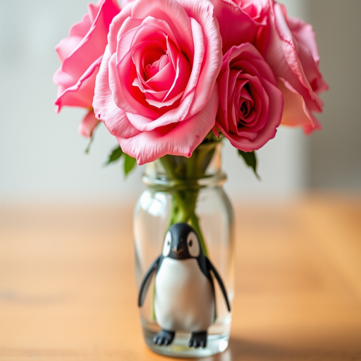 A glass vase with a pink rose bouquet above, featuring a small penguin at the bottom, shot with a Canon EOS R5, 50mm lens, f/1.8 aperture, ISO 100, natural lighting, shallow depth of field for enhanced focus on the penguin and flowers.