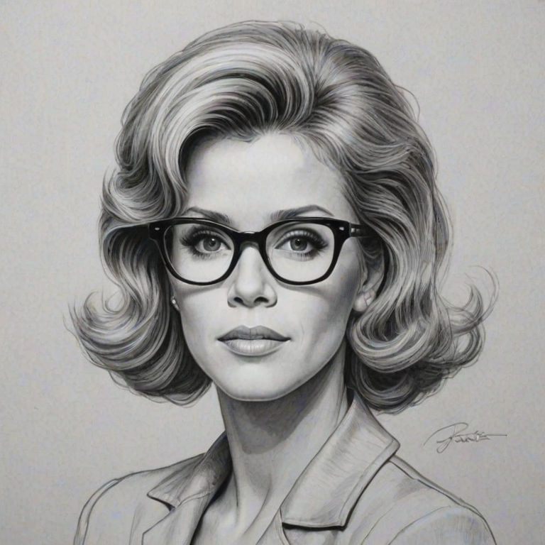 Graceful Jane Fonda, pencil sketch, portrait of Pleasing woman 1950s in glasses, hair style beatnik, outline, clear lines, fine lines, 8k