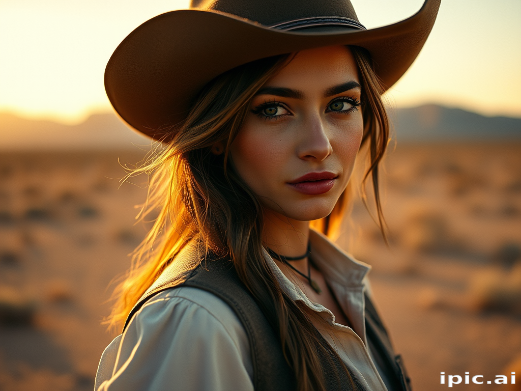 Dramatic photo of a beautiful Western American woman, classic cowboy attire, confident and free spirit expression, half-length portrait, centered, golden hour desert landscape, warm, diffused light, low angle, medium format film camera, in style of Annie Leibovitz.