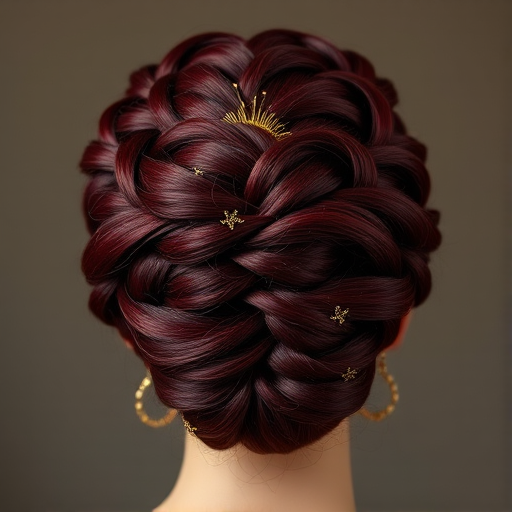 Regal burgundy updo intricately braided into a crown-like formation, Empress's hair exudes sophistication and power, adorned with delicate golden threads woven throughout the elaborate style