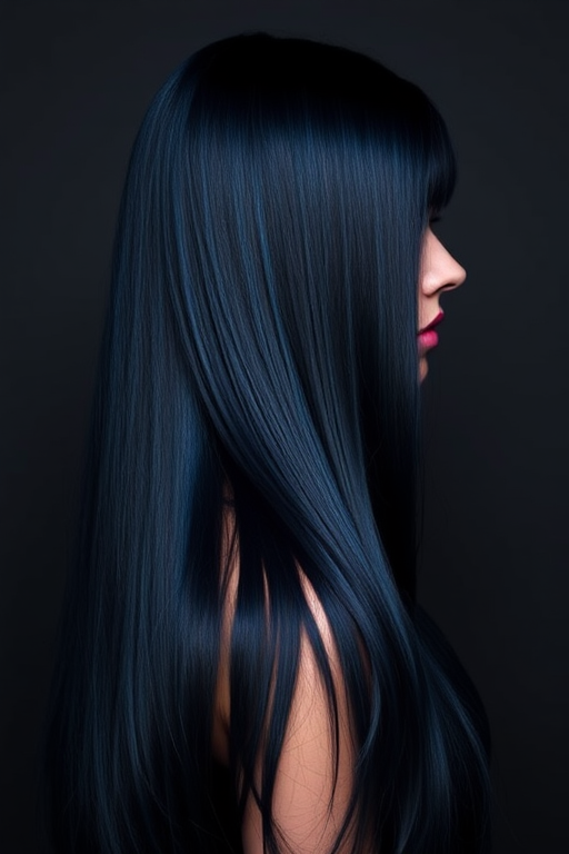 Enigmatic silhouette features Midnight Sapphire long hair, deep navy blue base with subtle lighter blue highlights, styled in sleek straight strands with an ultra-shiny finish