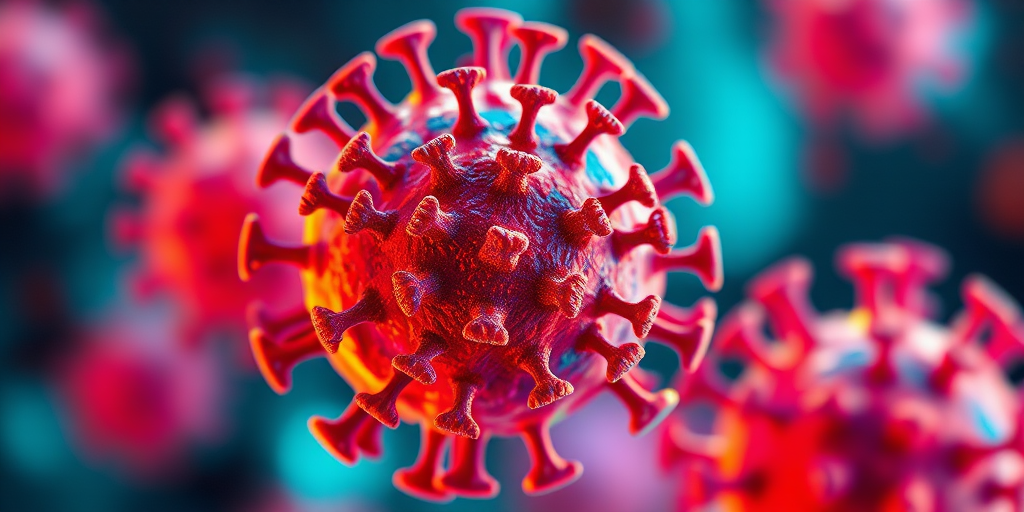 generate a vivid, high-resolution 3D illustration of an abstract virus-like structure with vibrant colors, using a Canon EOS R5 camera, 50mm lens, f/1.8 aperture, ISO 100, soft focus background, and dramatic lighting to enhance depth and detail.