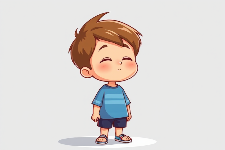 Create a high-quality illustration of a young boy with closed eyes, standing still and exhaling softly, in a cartoon style with clean lines, using a digital tablet, 300 DPI, with a focus on bright colors and smooth shading to enhance detail and depth.
