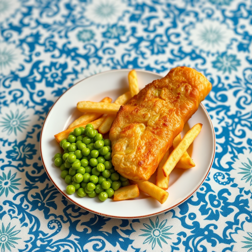 Generate a high-quality image of a plate of fish and chips with a side of green mushy peas on a textured blue and white patterned tablecloth using a DSLR camera with a 50mm lens, aperture set to f/1.8, ISO 200, and natural lighting for a vibrant look.