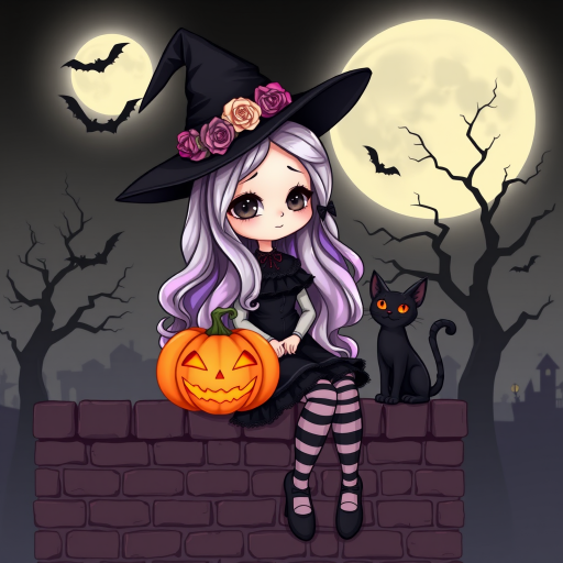 A cute, gothic-style cartoon of a young witch resembling Wednesday Addams sitting on a brick wall under a full moon. She has long wavy hair with silver, pink, and purple ombre highlights, and wears a classic black witch hat decorated with a pumpkin and roses. She is dressed in a black frilly dress with striped stockings and black shoes. A glowing Jack-o'-lantern sits beside her, and a black cat with glowing orange eyes is next to her. The background features a large moon, silhouetted bats, and a spooky tree, with a soft monochrome and slightly glowing effect, creating a magical Halloween atmosphere.