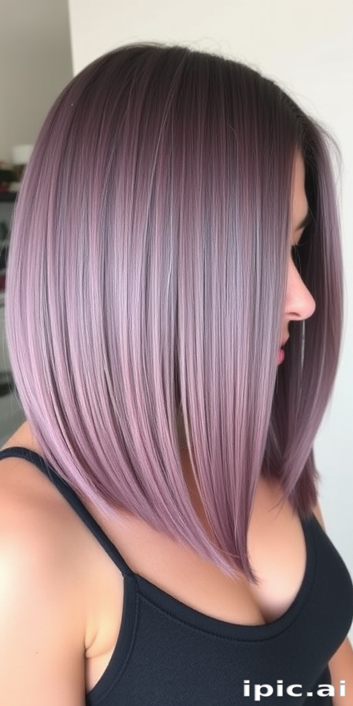 Dusty mauve hair styled in a sleek lob (long bob) dubbed "Velvet Dusk," falls just above the shoulders with a subtle A-line shape, featuring a glass-like shine and perfectly blunt ends for a chic and sophisticated look
