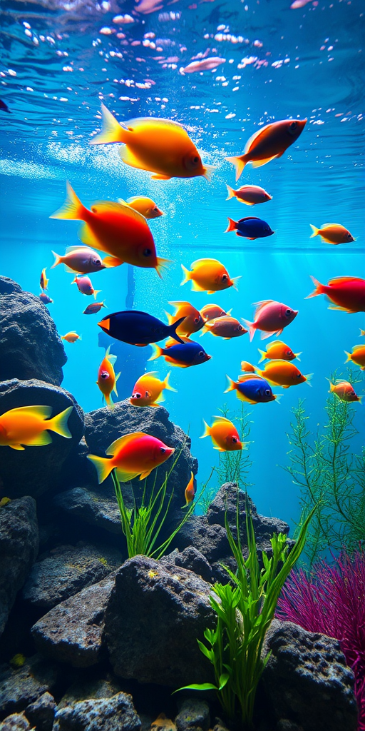 create a vibrant underwater scene featuring colorful fish swimming amidst rocks and aquatic plants in a well-lit aquarium, using a DSLR camera with a 50mm lens, f/2.8 aperture, 1/125s shutter speed, and ISO 200 for enhanced clarity and depth of field.