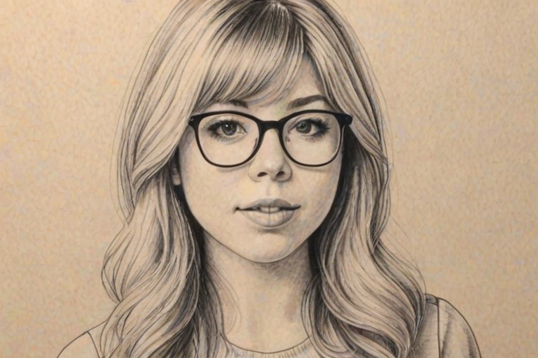 Comely Jennette McCurdy, pencil sketch, portrait of Dazzling woman 1977s in glasses, hair style beatnik, outline, clear lines, fine lines, 8k