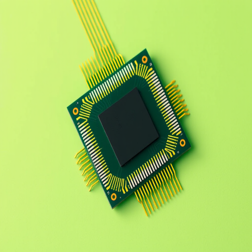Create a high-resolution image of a computer chip with yellow connections on a green background, using a DSLR camera at f/11, ISO 100, with a 50mm lens and a bird's-eye view perspective.