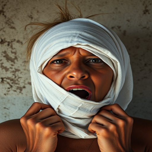 Create a close-up photographic image of a Aboriginal Australian woman with light skin tones shown against an old, worn wall. Their head is wrapped in a white cloth covering (i.e.... parts of the head except the nose and mouth, which are open as if they are screaming...), with a slight texture and visible folds in the fabric. Thin strands of blonde hair escape from the wrapping above, falling lightly at the top and sides. Their hands hold the fabric as if they are tugging nervously. The lighting is dramatic and even, casting strong shadows. The image has a minimalist and surreal style with an emphasis on simplicity with soft color tones. The composition is centered.