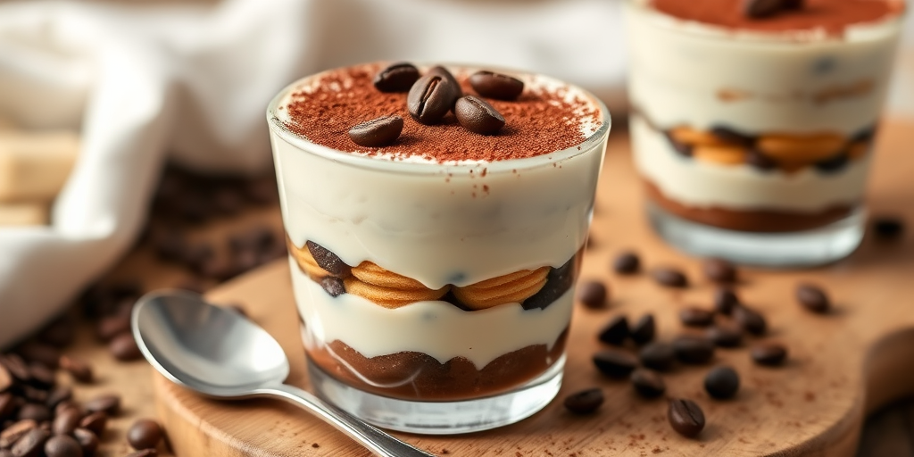 Dessert cups filled with layers of creamy mascarpone cheese and coffee-soaked ladyfingers topped with cocoa powder and coffee beans on a wooden table with a spoon nearby