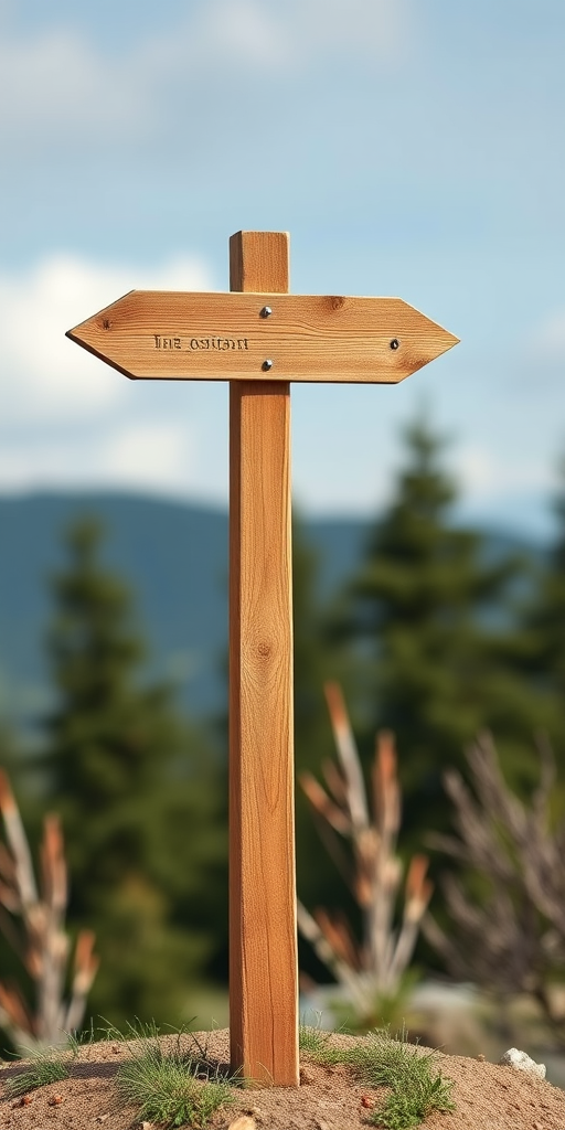 Generate an image of a wooden signpost with two arrows pointing in different directions, designed in a minimalist style, shot with a DSLR camera at f/4 aperture, ISO 200, 50mm lens, natural lighting, and a shallow depth of field.