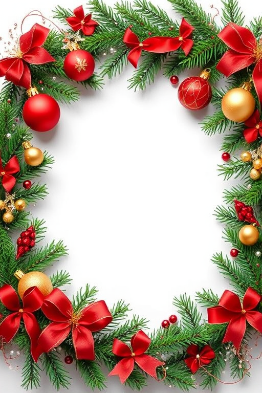 Create an image of a festive holiday frame with evergreen branches, red and gold ornaments, and delicate decorations around the edges. The center should remain empty for text, and the overall tone should be cheerful and bright, evoking a Christmas theme.