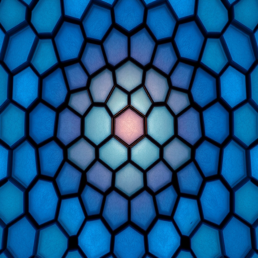 Create a high-resolution abstract image with a hexagonal mosaic pattern in varying shades of blue, captured with a DSLR camera at f/8, ISO 100, 50mm lens, in a top-down view, using a high dynamic range style for enhanced depth and color.