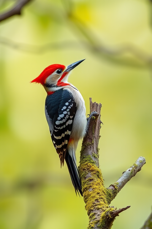 Capture a high-resolution image of a woodpecker perched on a mossy tree branch, using a DSLR camera with a 200mm lens, aperture f/4, ISO 100, shutter speed 1/200 sec, natural light, shallow depth of field, with a soft focus background to emphasize the bird's vibrant red head and detailed feather patterns.
