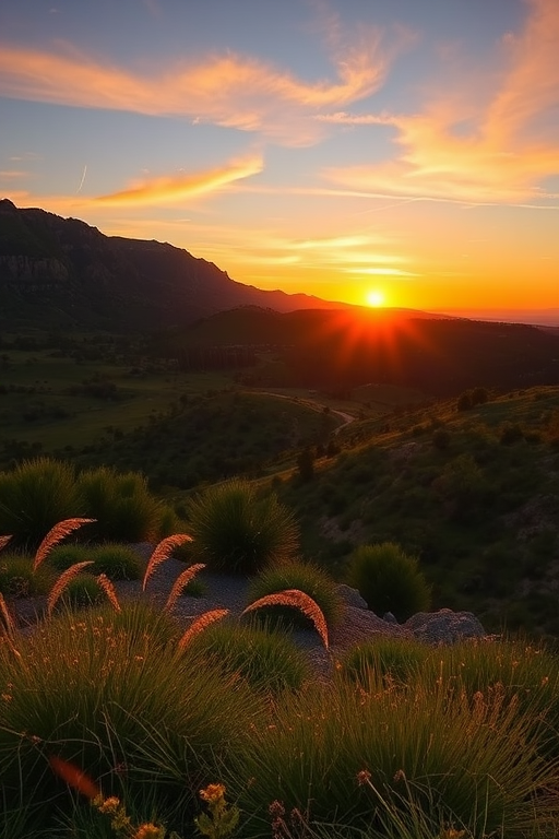 Create a high-resolution image of a scenic landscape at sunset, using a DSLR camera with a 50mm lens, aperture set to f/1.8, ISO 100, shutter speed 1/200s, in landscape orientation, with a focus on vibrant colors and enhanced clarity.