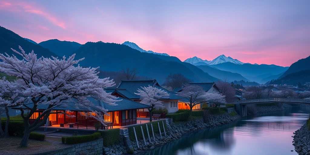 Create a serene landscape at twilight featuring a traditional Japanese village with cherry blossom trees, majestic mountains in the background, and softly lit houses along a tranquil waterway, shot with a Canon EOS R5, 24mm f/1.4 lens, aperture set to f/2.8, ISO 100, and a slow shutter speed of 1/4 sec for enhanced detail and depth.