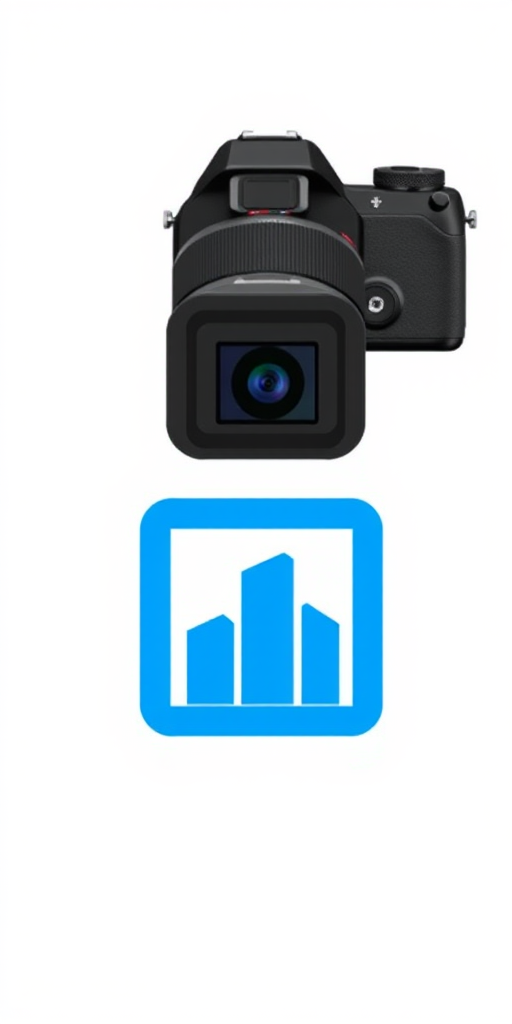 Generate a high-resolution minimalist logo design featuring a blue square frame with a simplified layout of geometric shapes representing buildings, using a DSLR camera with a 50mm lens, aperture f/1.8, ISO 100, and a clean white background for enhanced contrast.