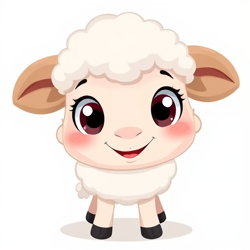Create a cute and friendly cartoon sheep character with big expressive eyes and a happy smile, on a plain white background, captured in a high-resolution digital illustration, using a 50mm lens, f/2.8 aperture, and soft lighting for a gentle look.